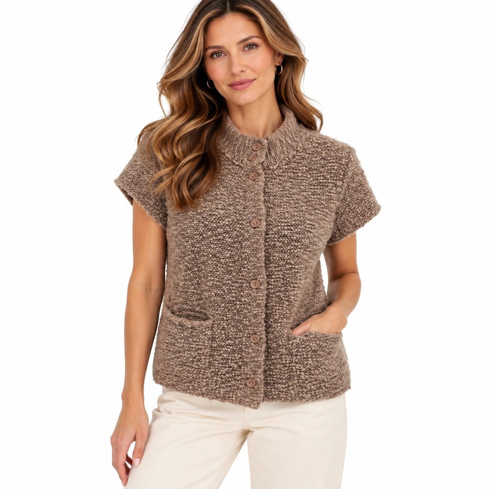Eileen Fisher Organic Wool Alpaca Boucle Sweater Cardigan PM Brown Short Sleeve